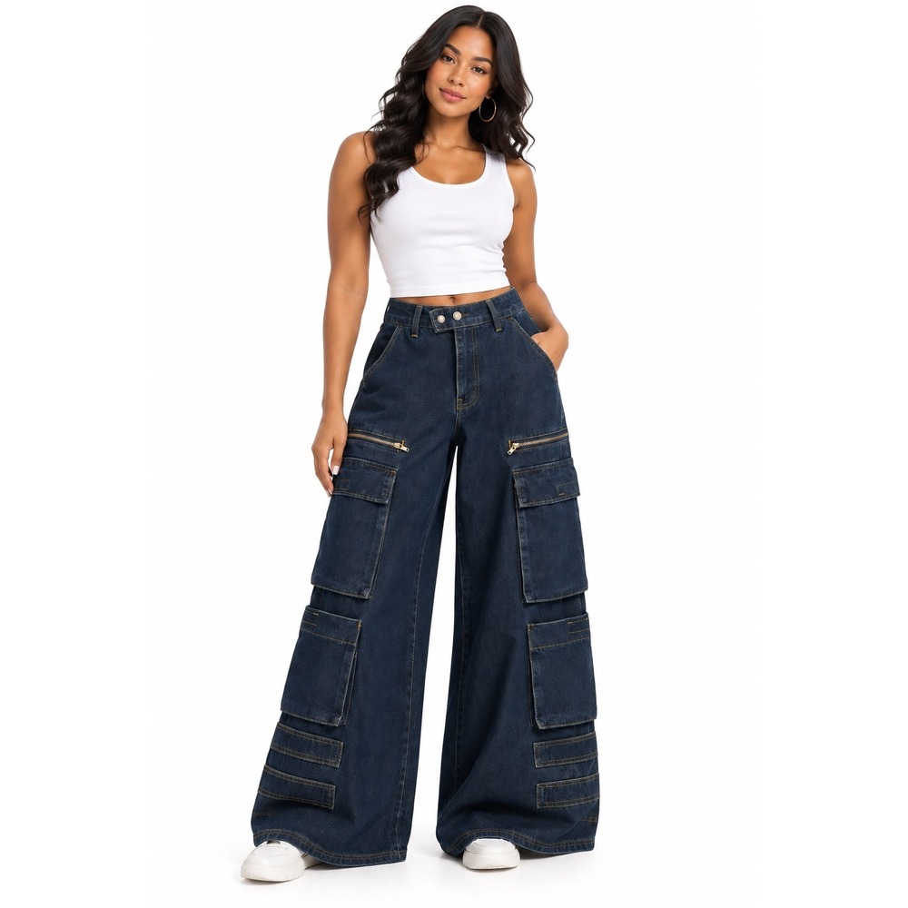 Forever 21 Premium Women Dark Wash Wide Leg Denim Cargo Pants Size 26 Utility